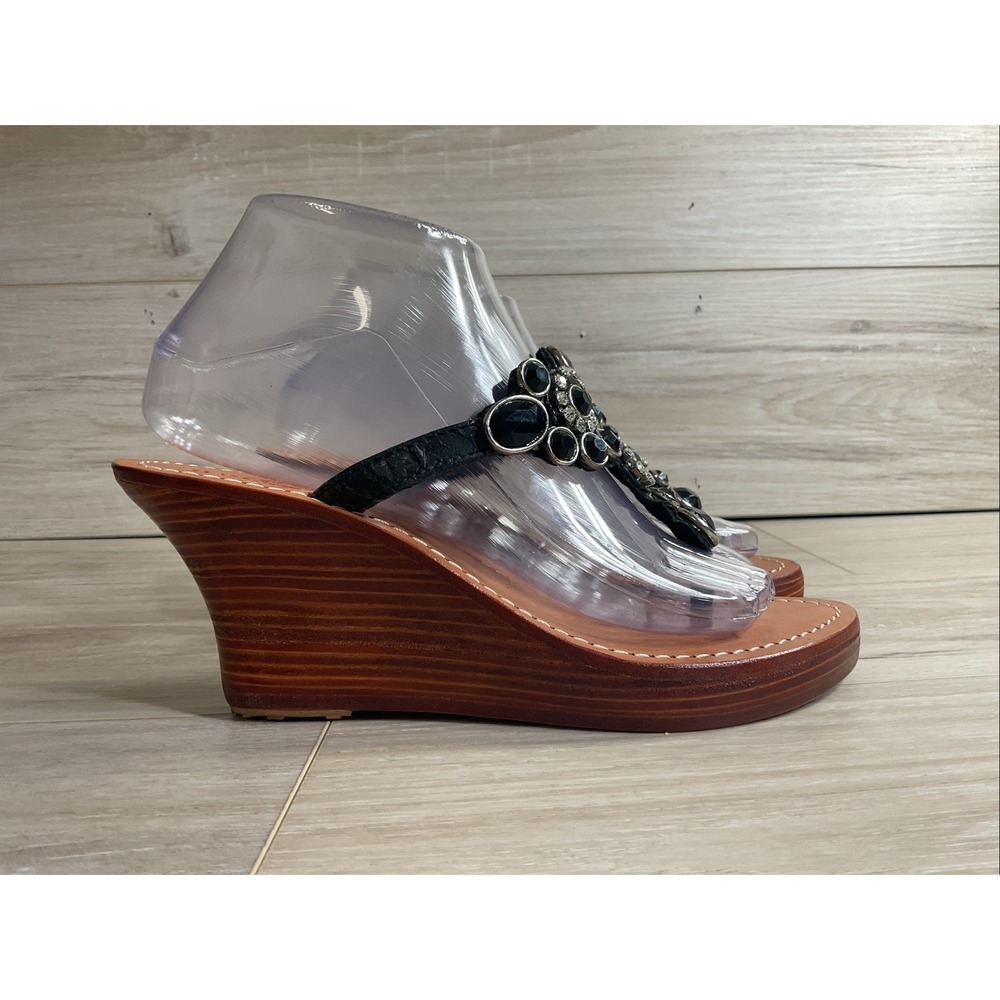 Mystique Leather Crystal /Jeweled Sandals Women's Size 7 Black Wedge Thong